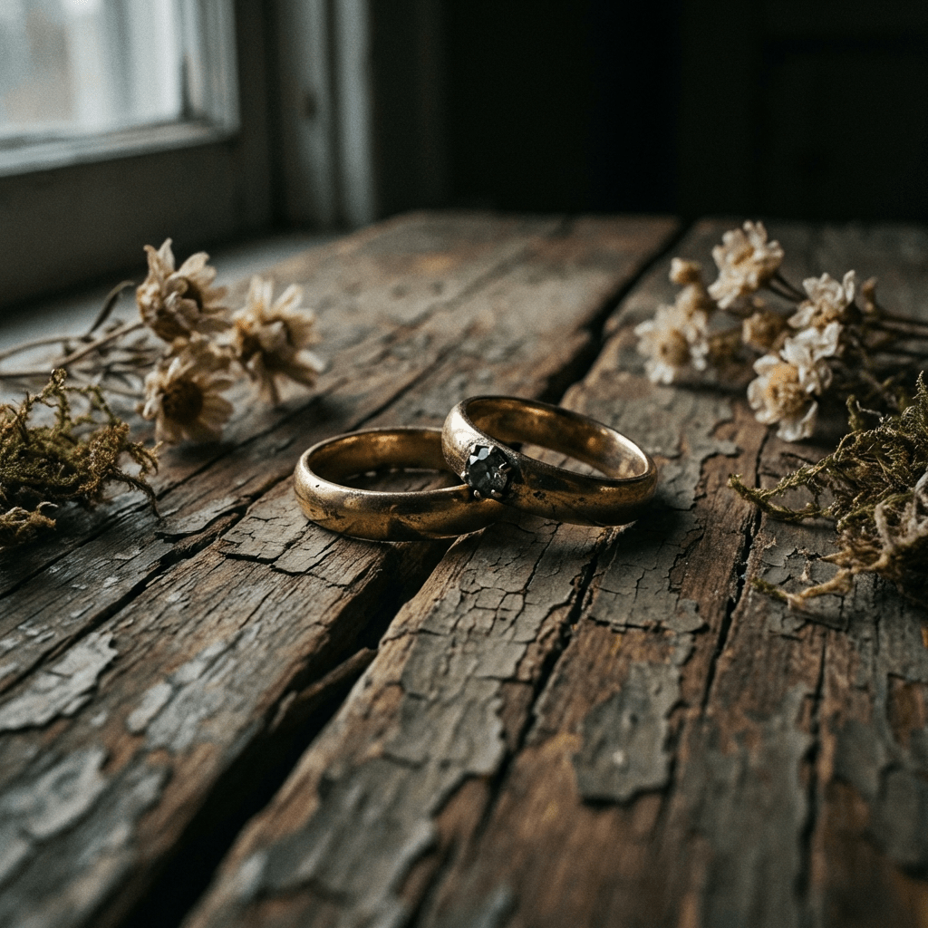 Two gold rings rest on a weathered wooden surface with dried flowers and moss.