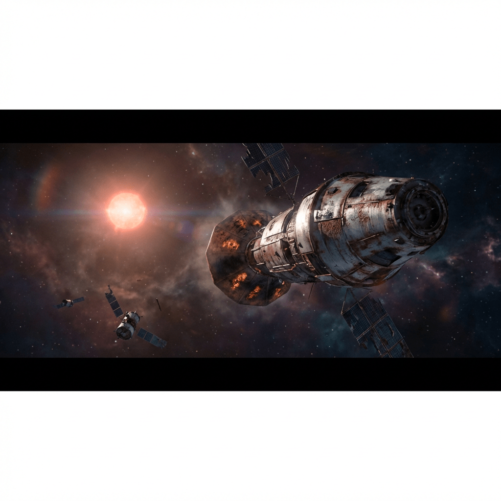 Rusty, cylindrical spacecraft with damaged solar panels drifting near a bright orange star in space.