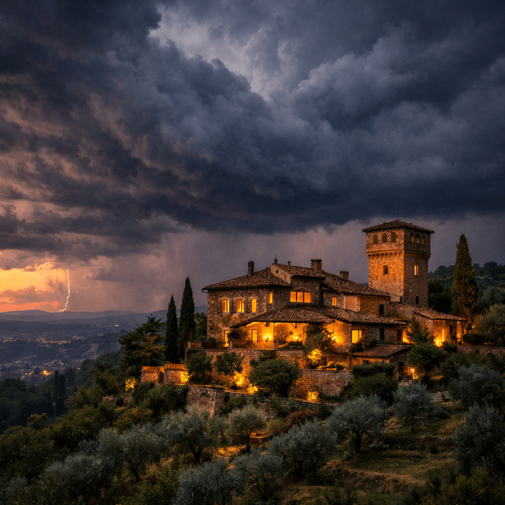 Stone villa on hillside with lit windows, dark storm clouds, and lightning