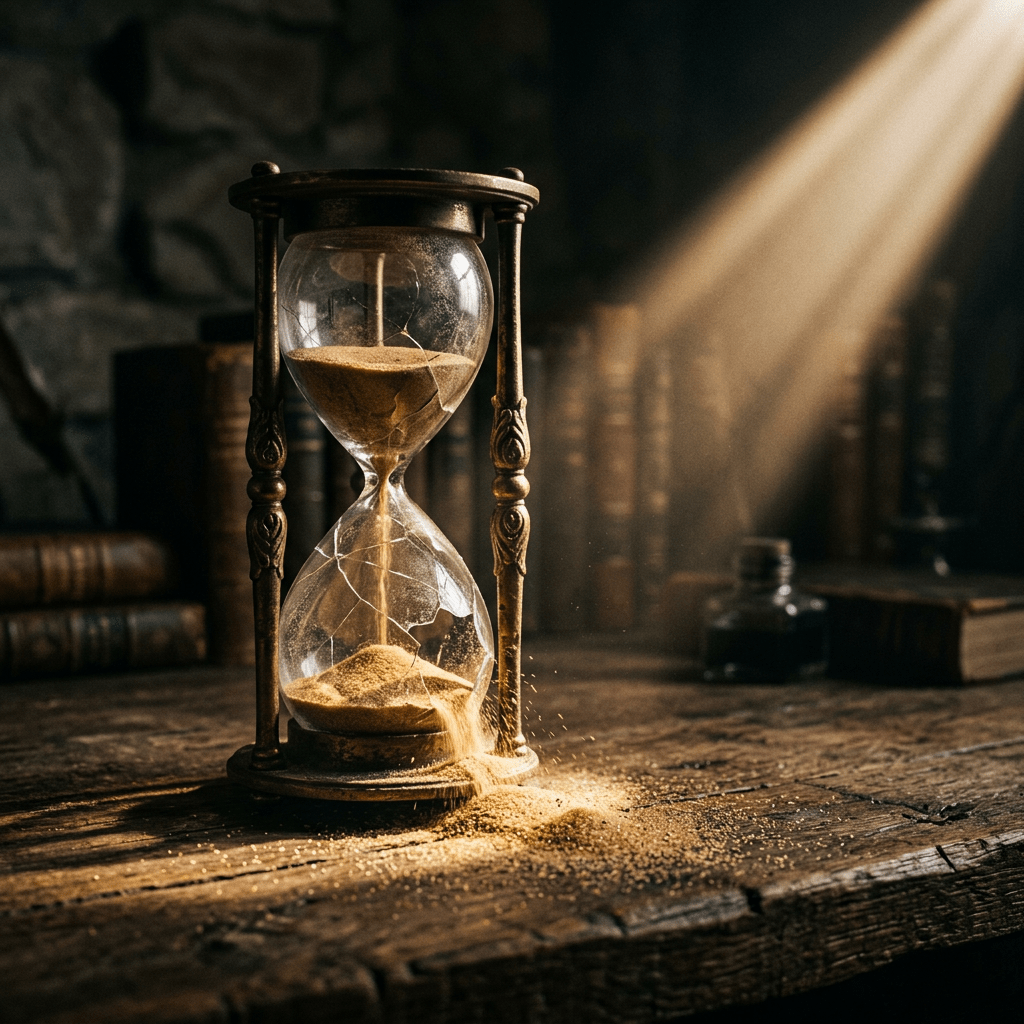 Antique hourglass with cracked glass and sand spilling onto a wooden surface