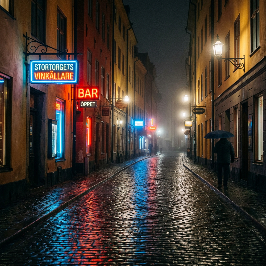 Person with umbrella walking on wet cobblestone street under neon signs and street lamps at night