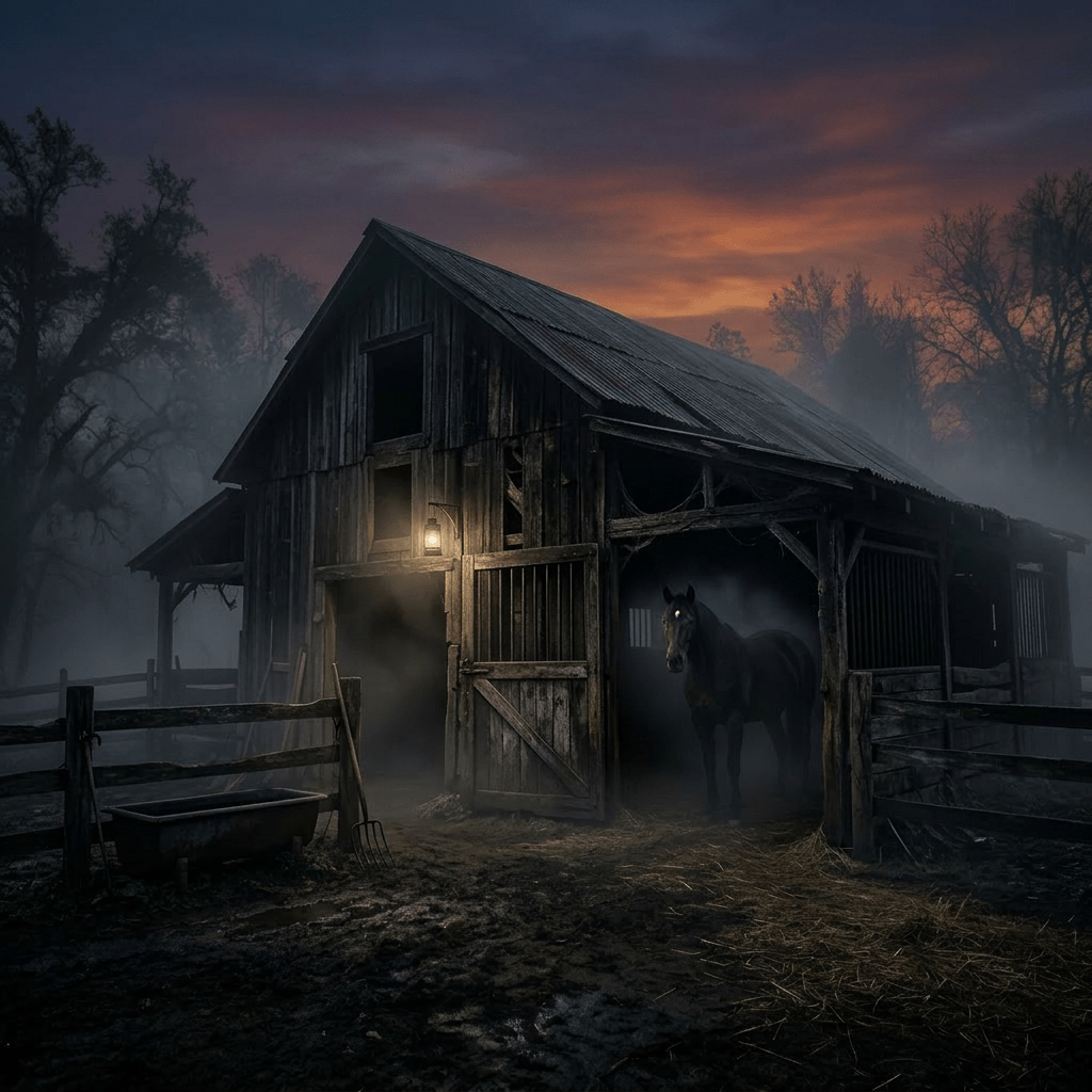 Old wooden barn at night with a horse inside glowing eyes and light from lantern