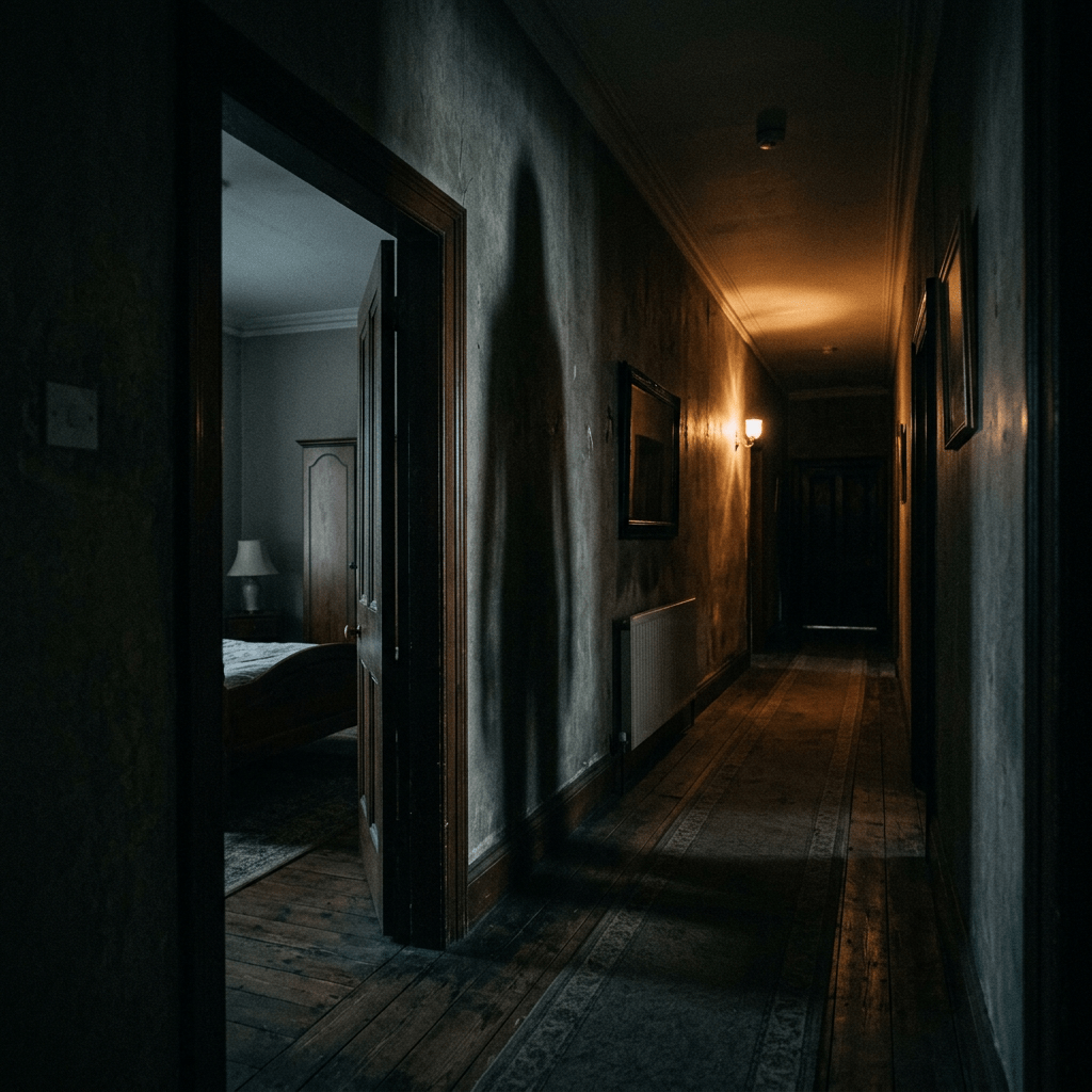 Shadowy silhouette of a person in a dimly lit hallway near an open bedroom door