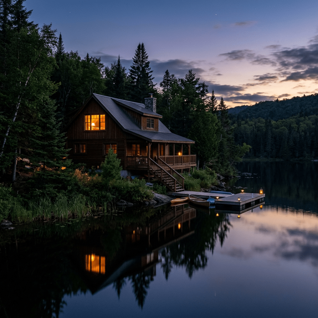 Wooden cabin with lit windows beside calm lake at twilight