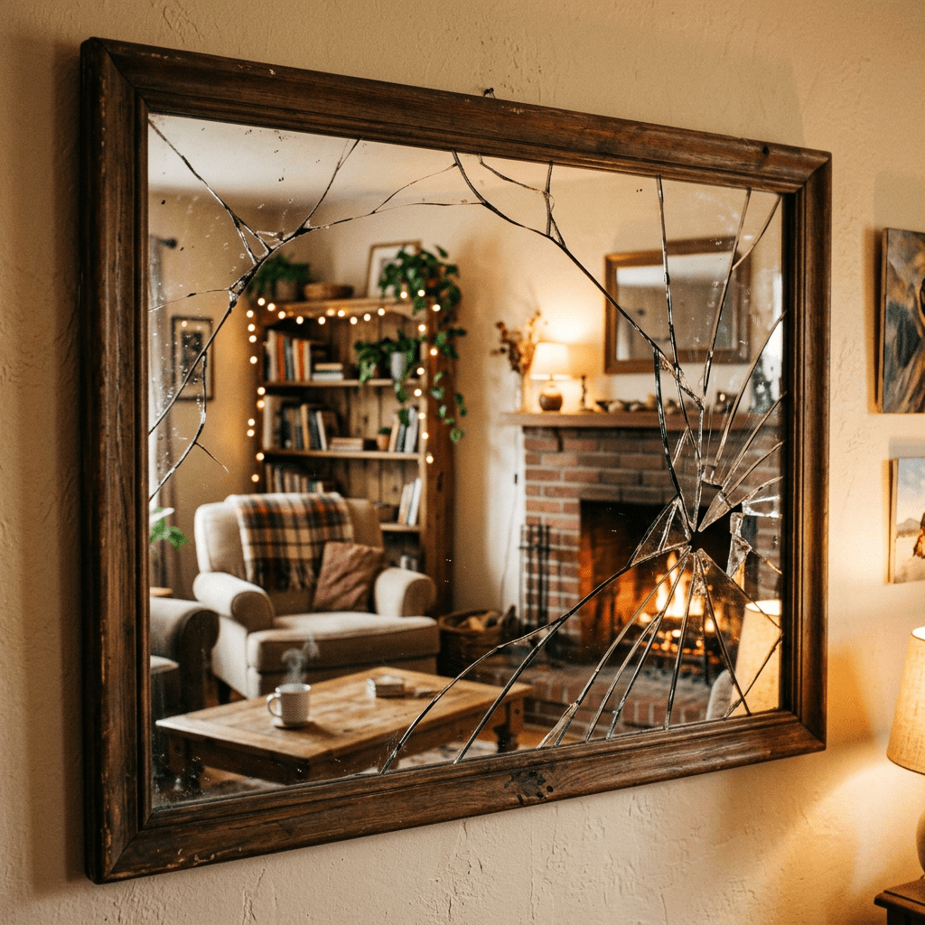 Cracked wooden-framed mirror reflecting a cozy living room with armchair, bookshelf, fireplace, and warm lighting