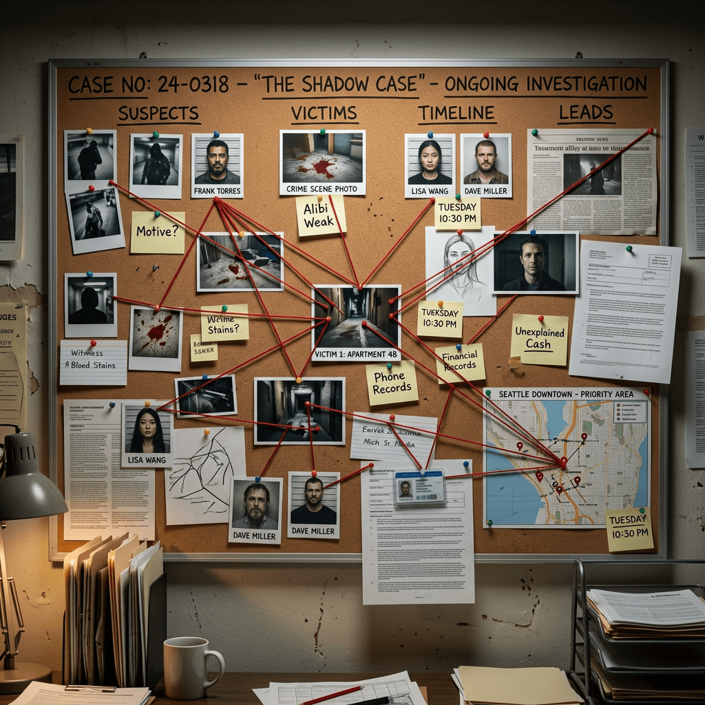 Investigation board showing suspects, victims, timeline, leads, and evidence connections for a crime case