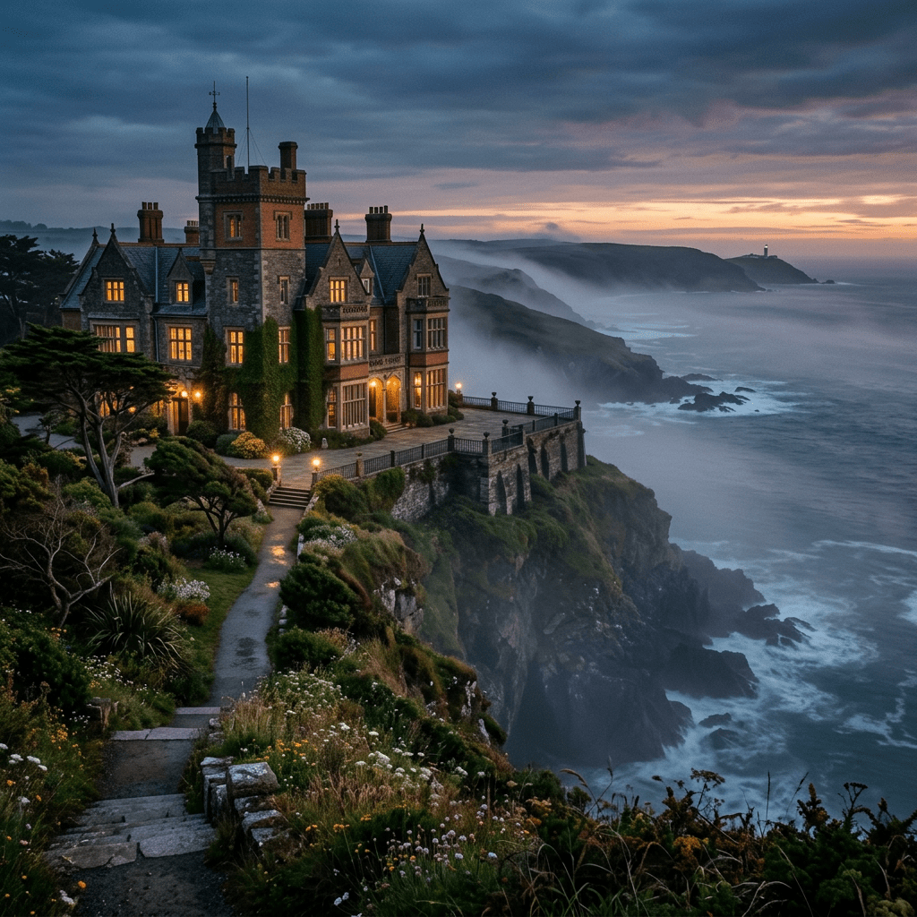 A large historic mansion with lit windows perched on a cliff above a misty ocean at twilight