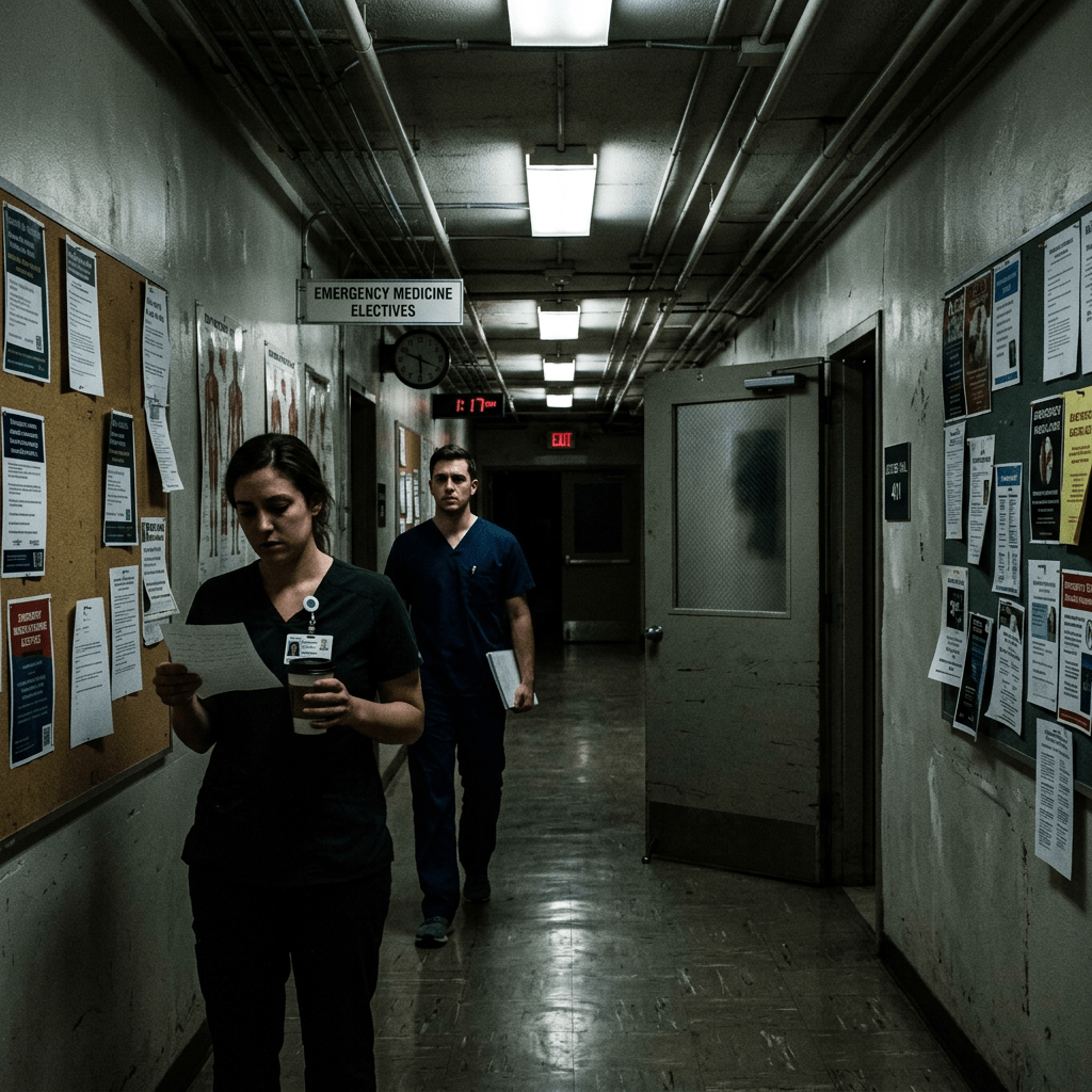 Two healthcare workers in scrubs walking down a hospital hallway reading papers