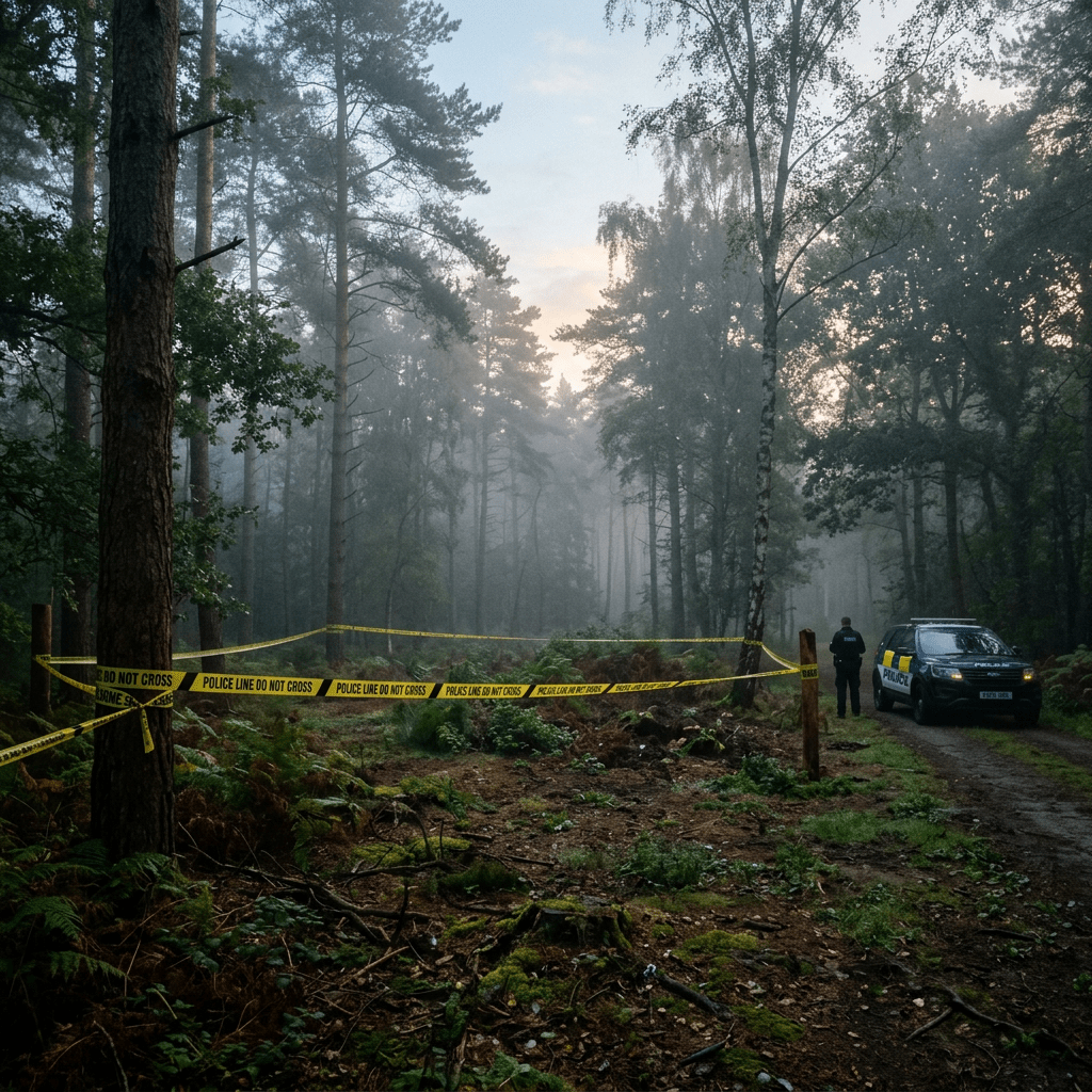 Police officer near police car at taped-off crime scene in forest