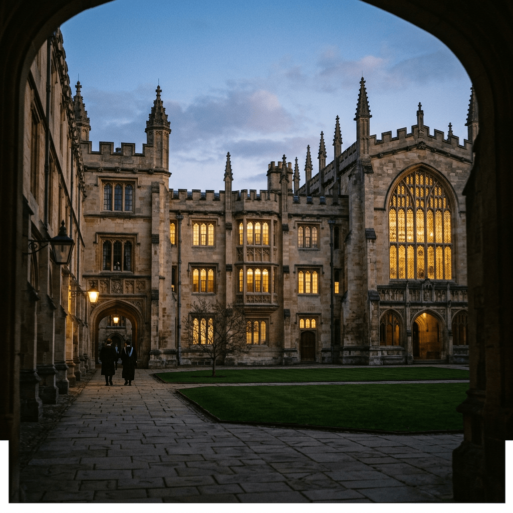 University courtyard with gothic architecture lit up at dusk and two graduates walking